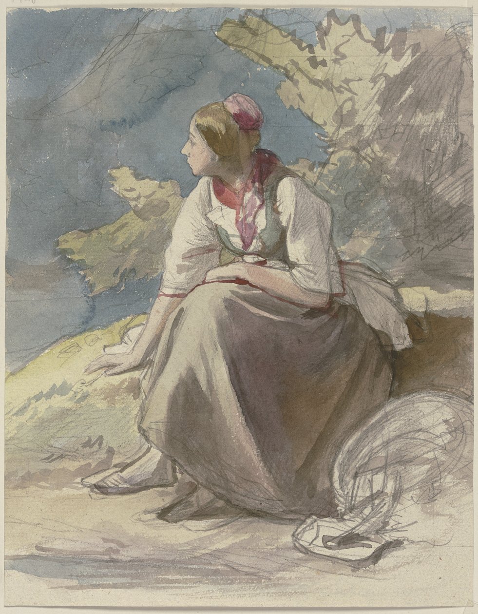 Una chica del campo, mirando hacia la izquierda, sentada en un banco de césped de Jakob Becker