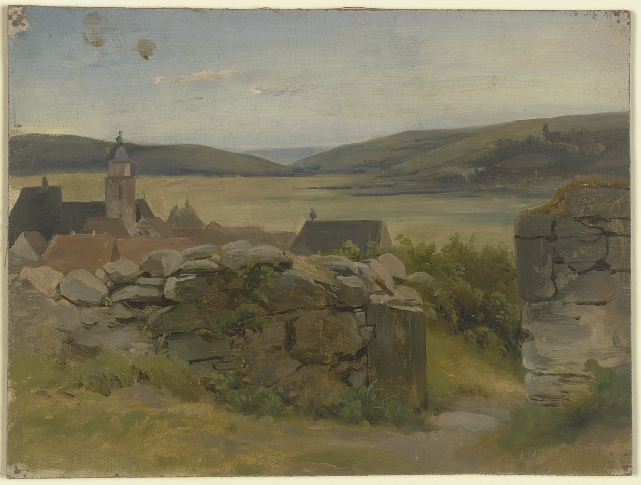 Pequeño pueblo con vista a un prado de Jakob Becker
