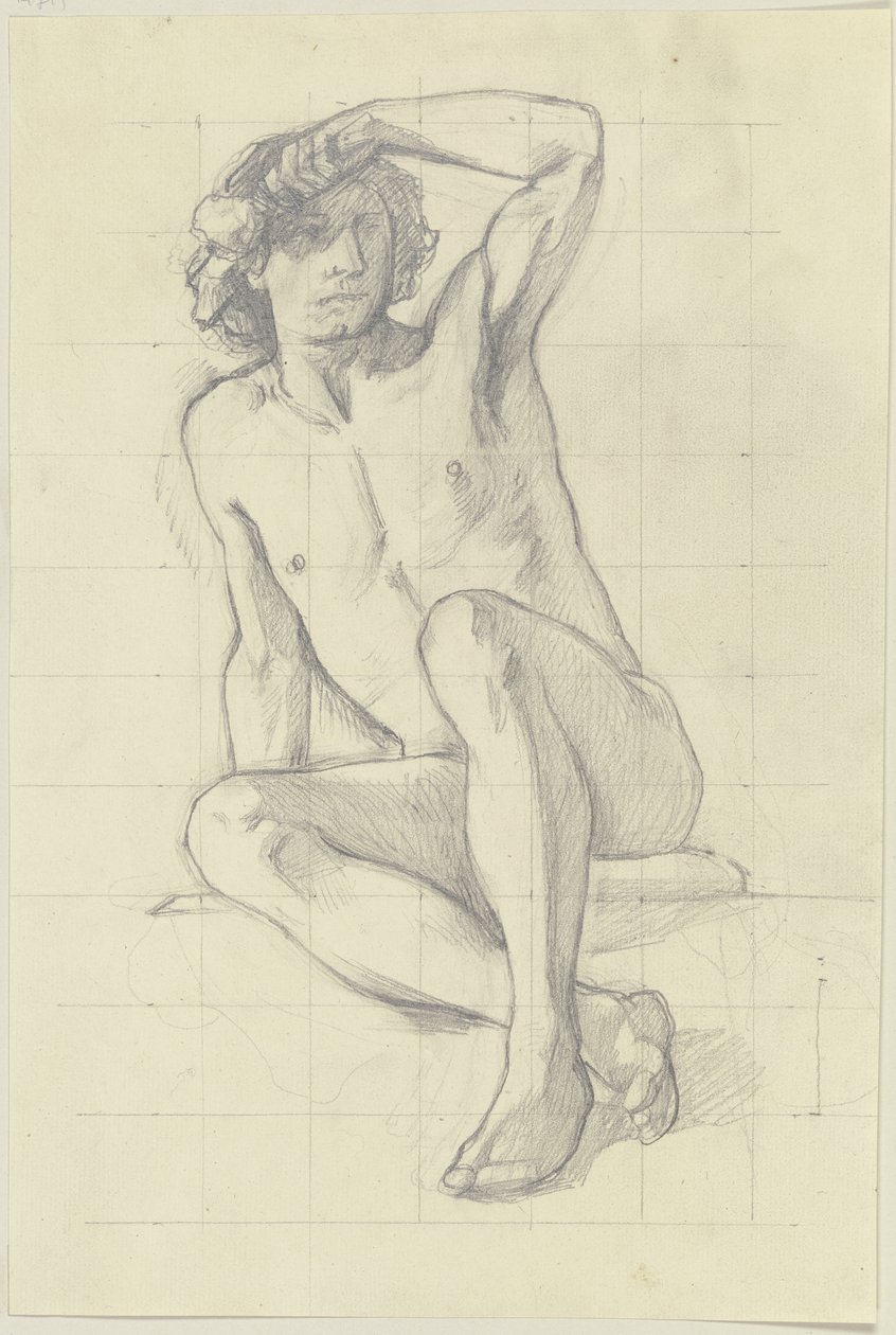 Desnudo masculino sentado, tapándose los ojos con la mano izquierda de Jakob Becker