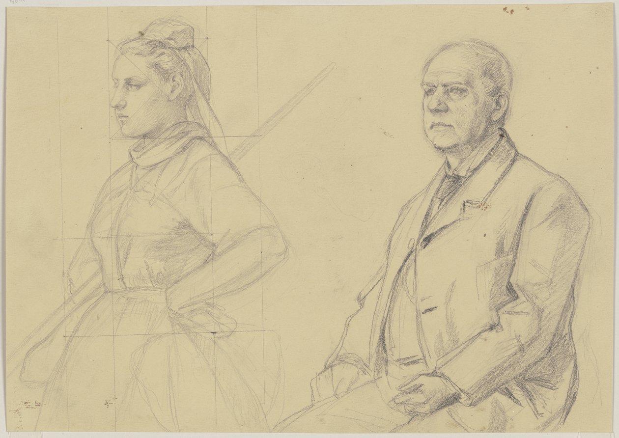 Hoja de estudios: caballero sentado y campesina de medio cuerpo de Jakob Becker
