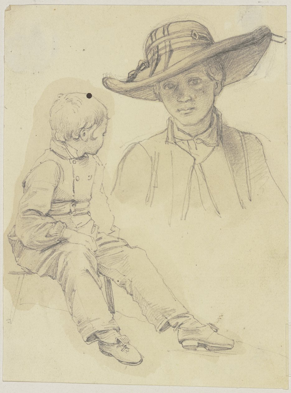Ficha de estudio: Niño sentado de perfil perdido y retrato de busto de una joven con sombrero de Jakob Becker
