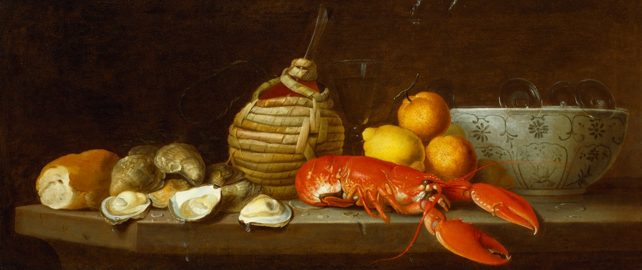 Pan, ostras, una botella de Chianti, una langosta, limones, naranjas y vasos en un cuenco de porcelana sobre una repisa de Jakob Bogdani or Bogdany