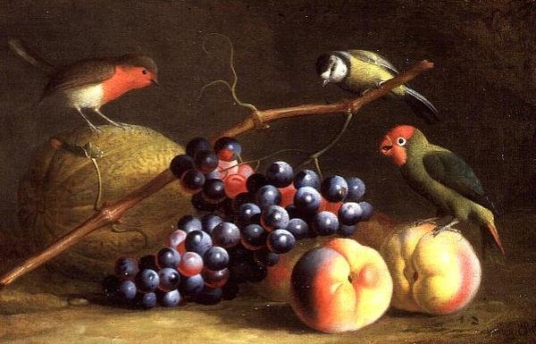 Tres pájaros con duraznos, uvas y un melón de Jakob Bogdani or Bogdany