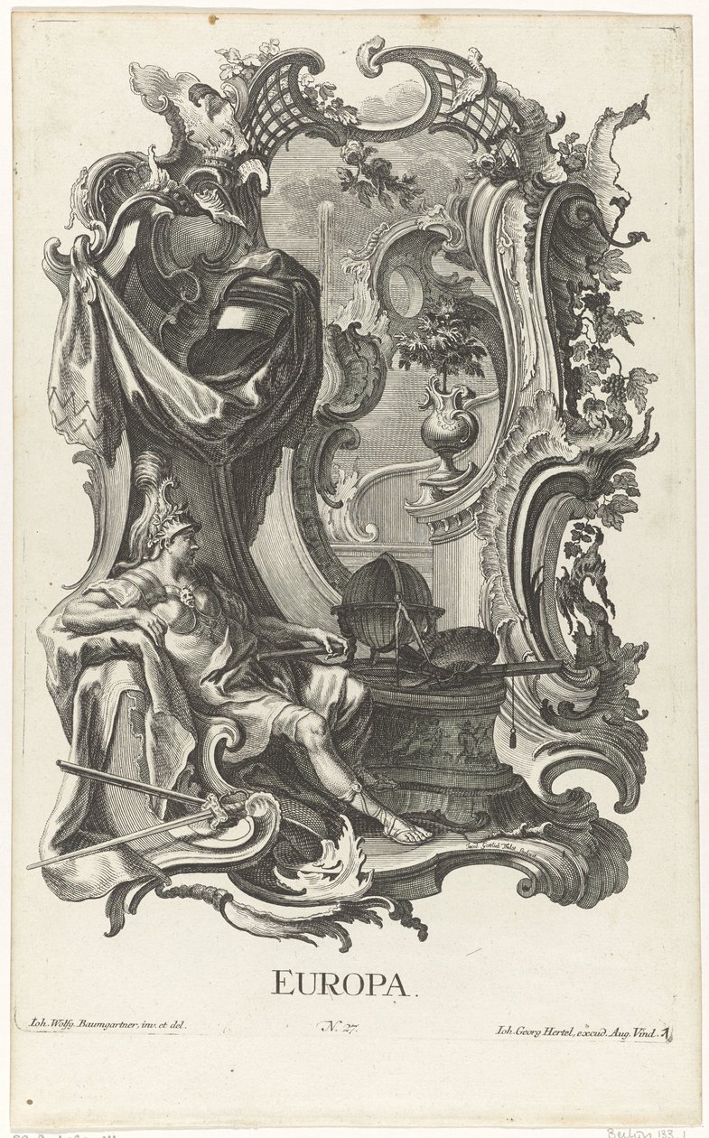 Rocaille con la personificación del continente europeo Europa (título sobre objeto) Los cuatro continentes (título de la serie) de Jakob Gottlieb Thelott