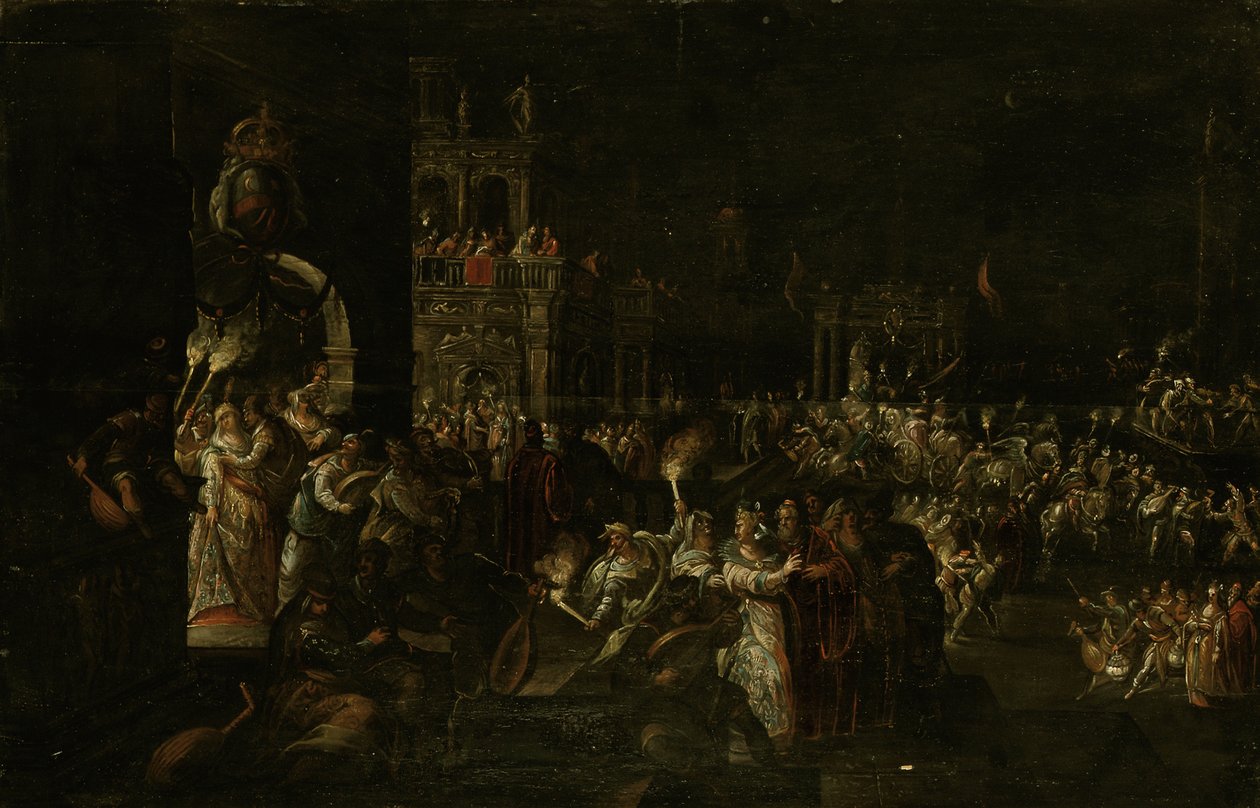 Una noche de carnaval en una plaza barroca de Jakob Isaaksz Swanenburgh