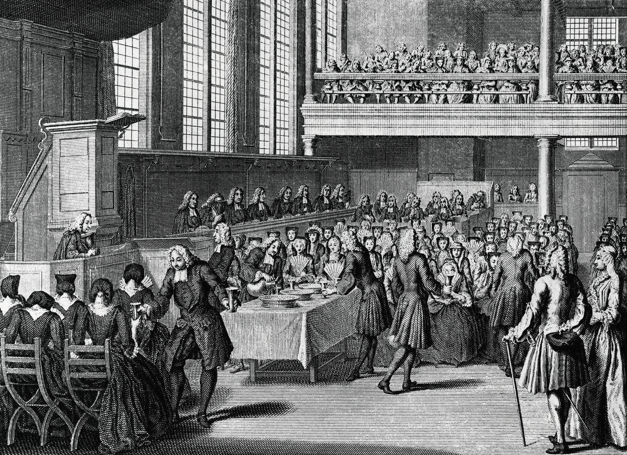 Cena de anabaptistas, grabado de Jacobus van der Schley (1715-1779) de Ceremonias y costumbres religiosas de todos los pueblos del mundo. de Jakob van der Schley