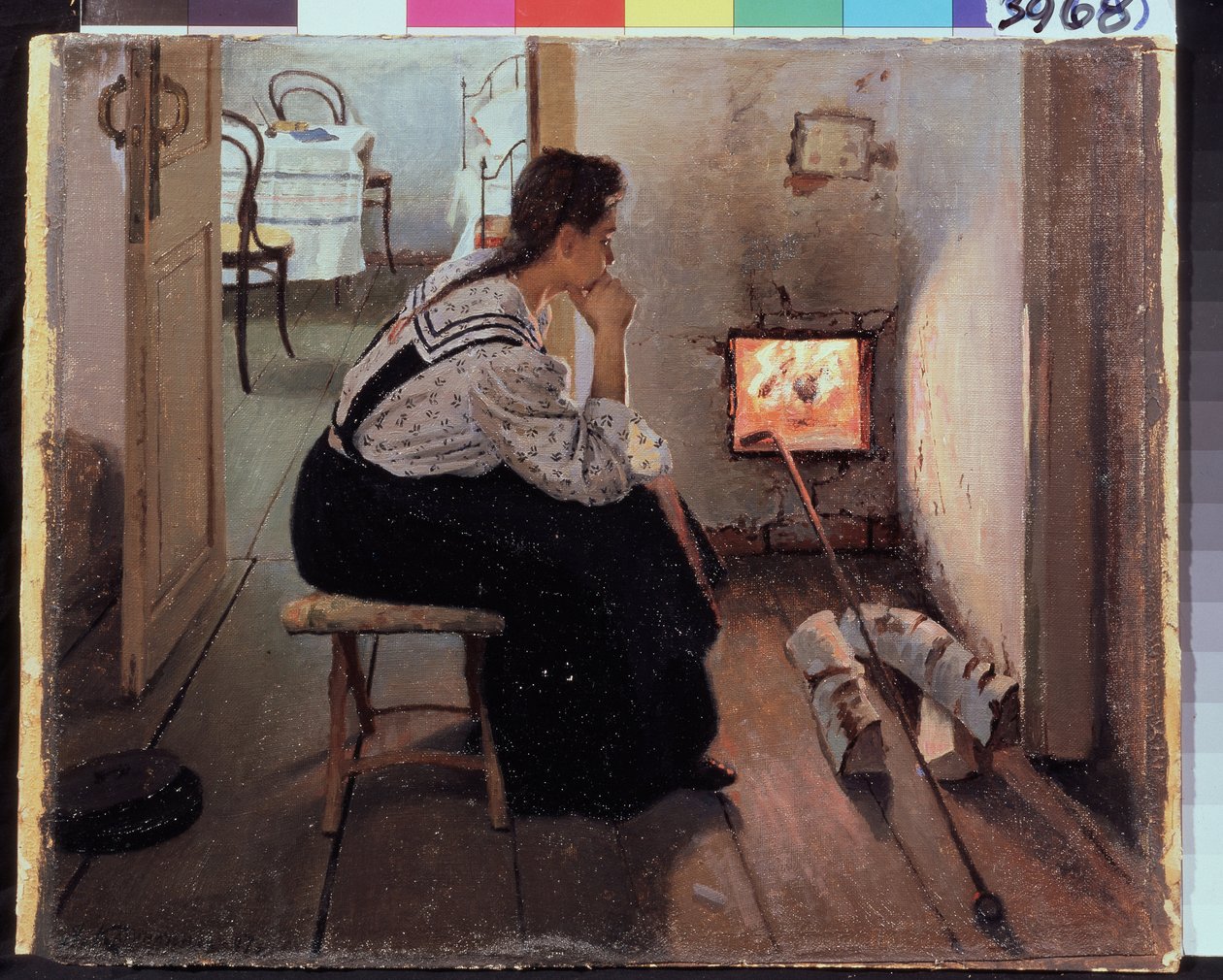 "Pensamientos en la estufa" Una joven sentada pensativa frente al fuego. Pintura de Jakov Kalinichenko (1869-1938) 1897 Estado Regional I. Museo de Arte Pozhalostin, Ryasan de Jakoff Jakovlevitch Kalinitchenko