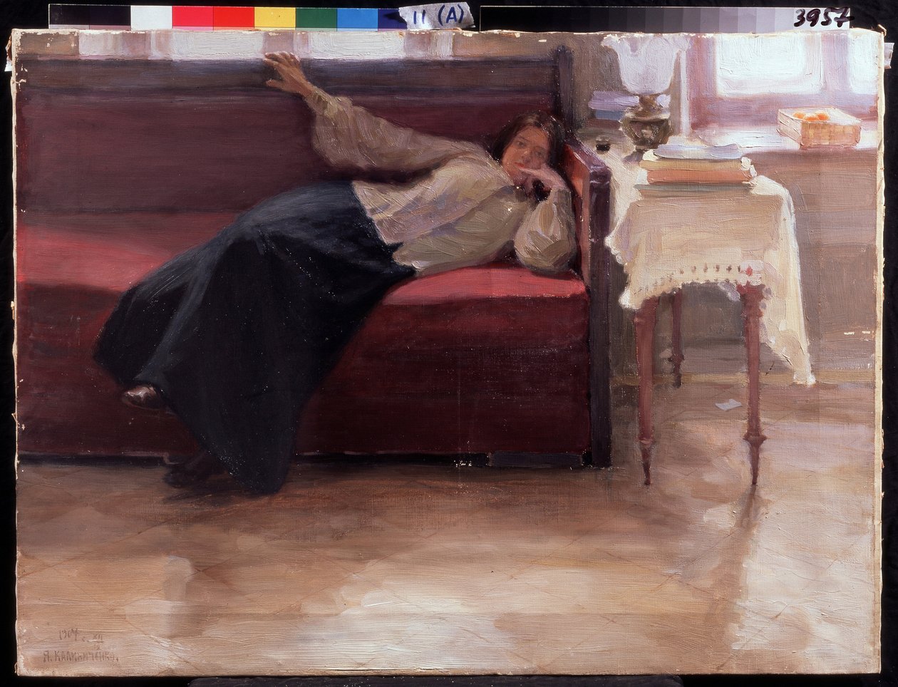 "Canciones", una chica pensativa tumbada en un sofá. Pintura de Jakov Kalinichenko (1869-1938) 1904 State Regional I. Museo de Arte Pozhalostin, Ryasan de Jakoff Jakovlevitch Kalinitchenko