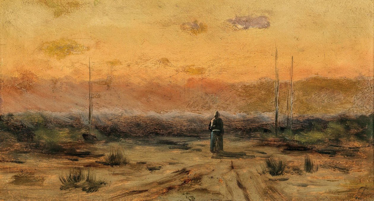 Mujer en la orilla del mar al amanecer de Jakub Schikaneder