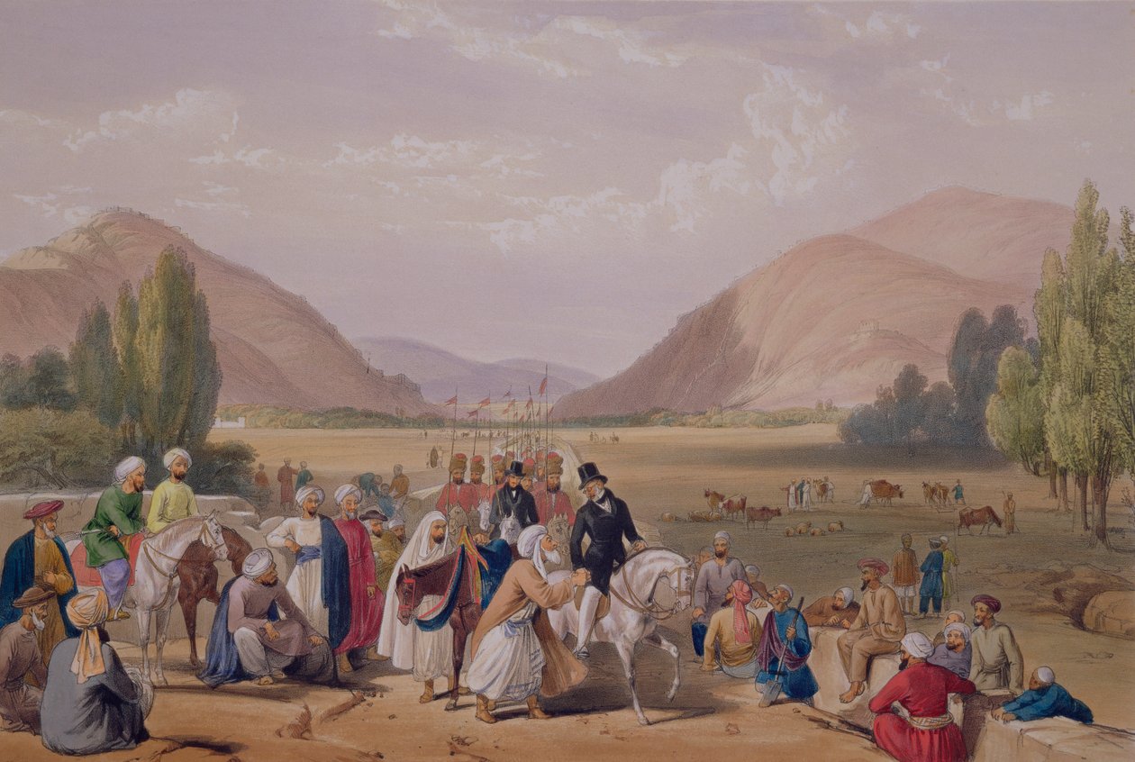 La Entrada a Caubul desde Killa-Kazee, de Bocetos en Afganistán, grabado por Charles Haghe y Louis Haghe, publicado por Henry Graves, 1842 de James Atkinson