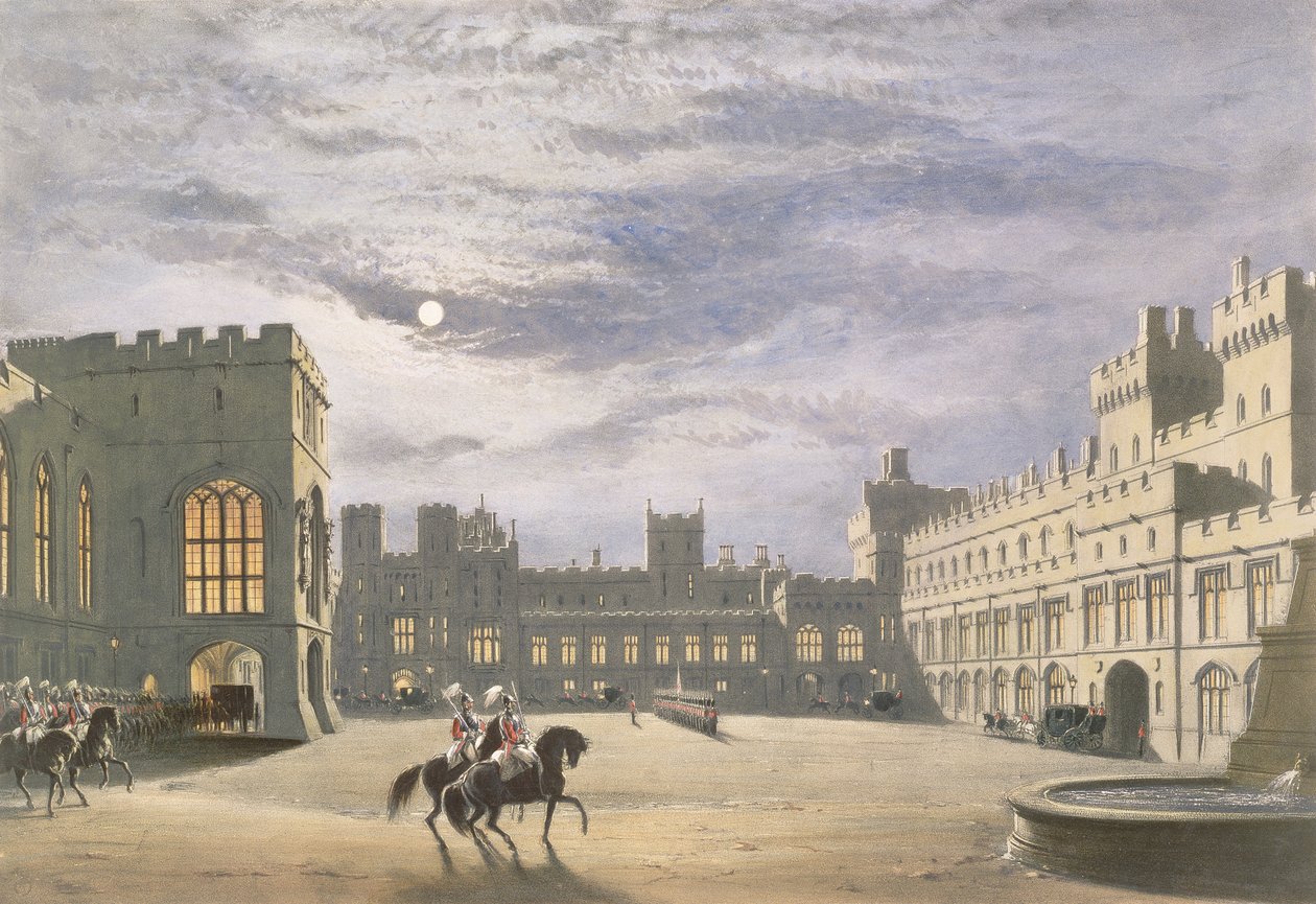 Llegada de estado de un visitante real, el Cuadrángulo a la luz de la luna, Castillo de Windsor, 1838 de James Baker Pyne