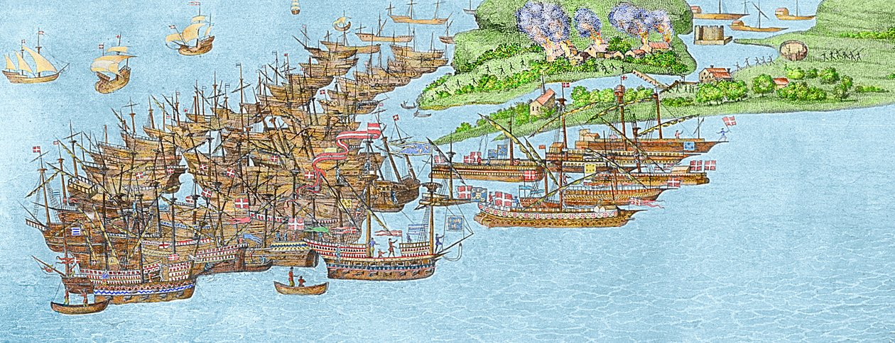 La flota francesa calmada y el ataque a la Isla de Wight, 1545 (detalle) de James Basire