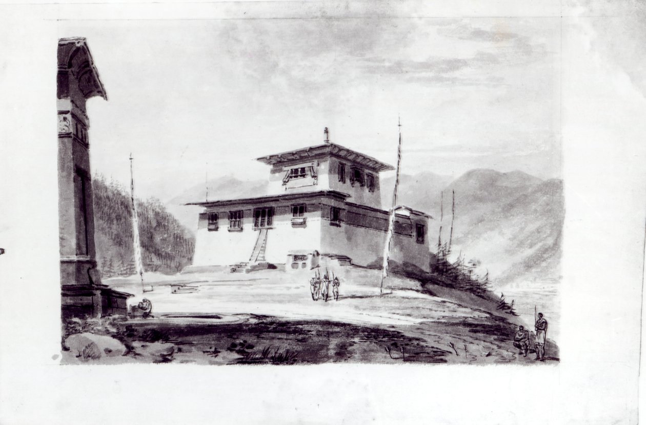 La residencia de Lam Glassa-too, acuarela de Samuel Davies después de un grabado de James Basire
