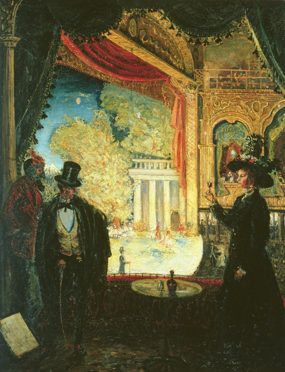 Una escena en un teatro: una actuación vista desde un palco en el que están de pie tres figuras, 1908 de James Dickson Innes