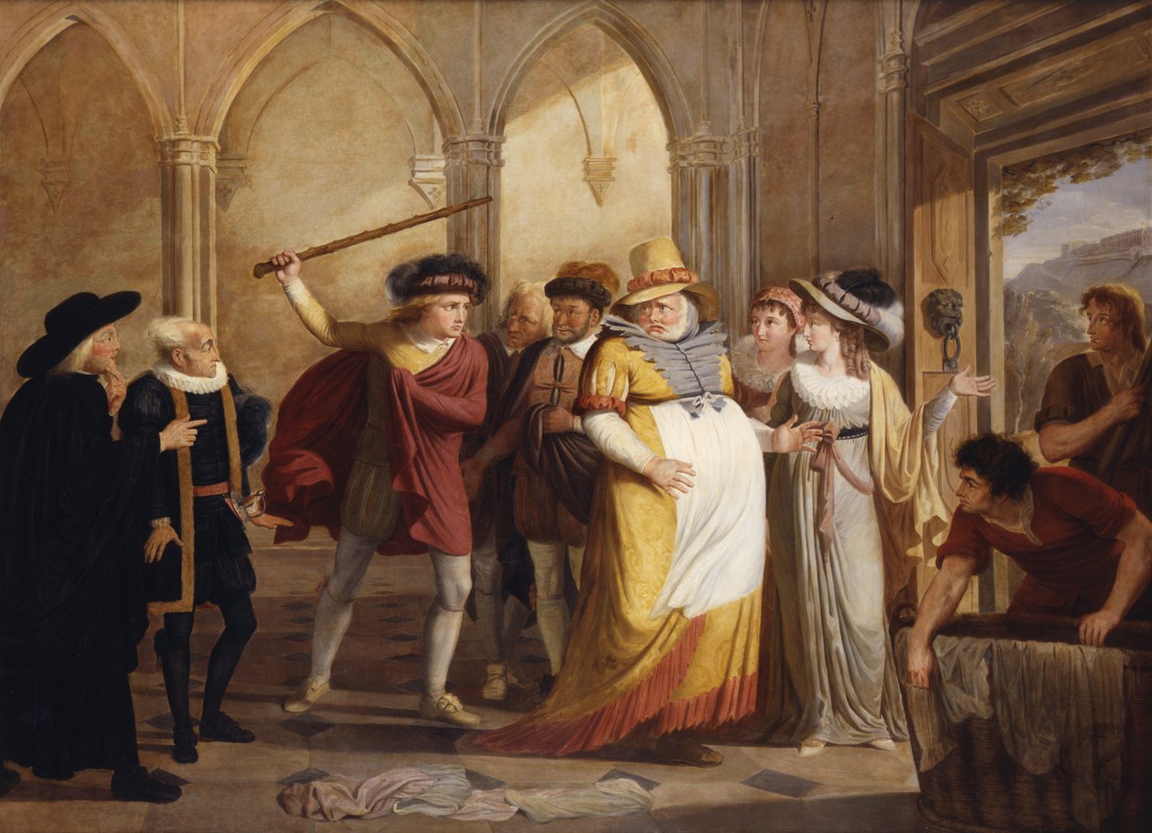 Falstaff disfrazado llevado por la Sra. Page, Acto 4 Escena 2, en Las Alegres Comadres de Windsor, por William Shakespeare (1564-1616) c.1805 de James Durno