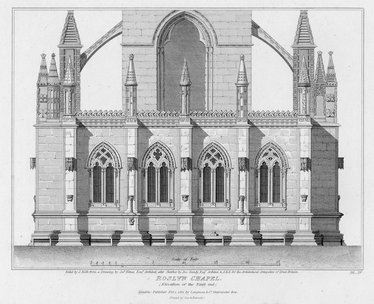 Capilla de Roslyn, elevación del extremo este, grabado por J. Roffe, 1811 de James Elmes