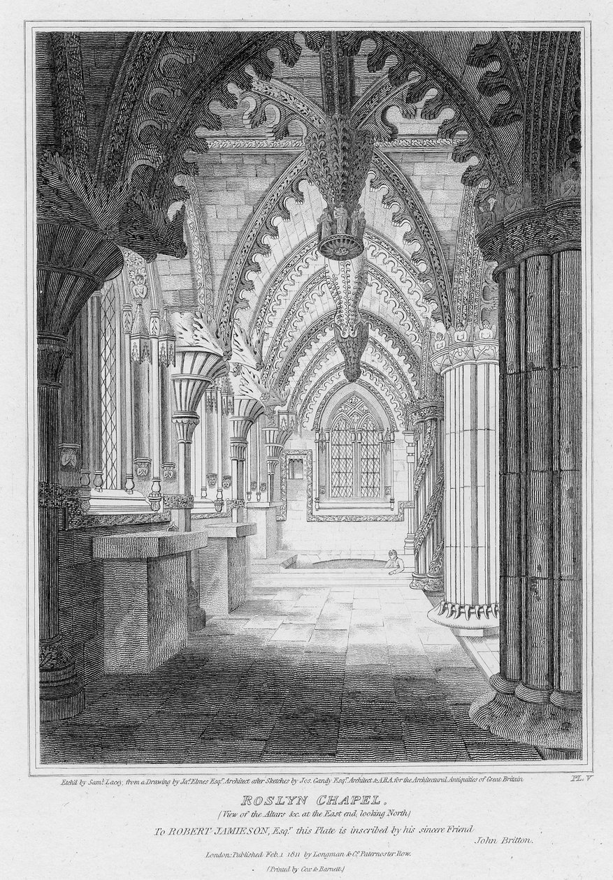 Capilla de Roslyn, vista de los altares en el extremo este mirando al norte, grabado por Samuel Lacey, 1811 de James Elmes