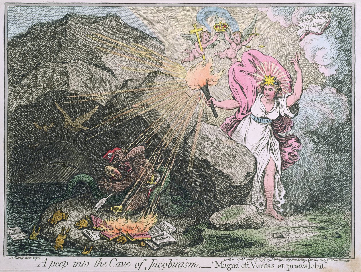 Una Mirada en la Cueva del Jacobinismo, o Magna est Veritas et praevalebit, publicado por Hannah Humphrey en 1798 de James Gillray