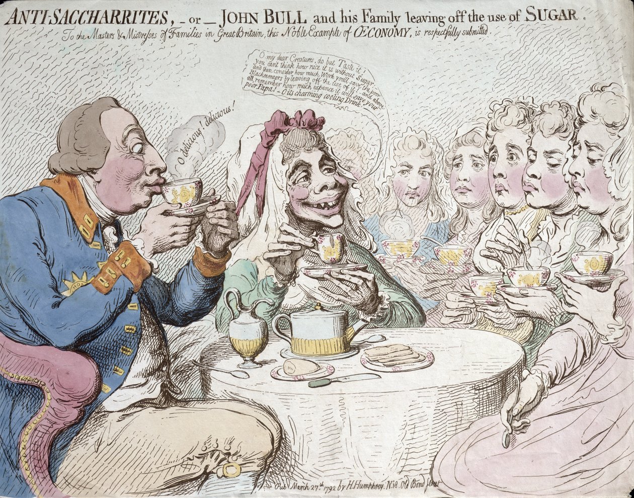Anti-Saccharites, o John Bull y su familia dejando de usar azúcar, publicado por Hannah Humphrey en 1792 de James Gillray