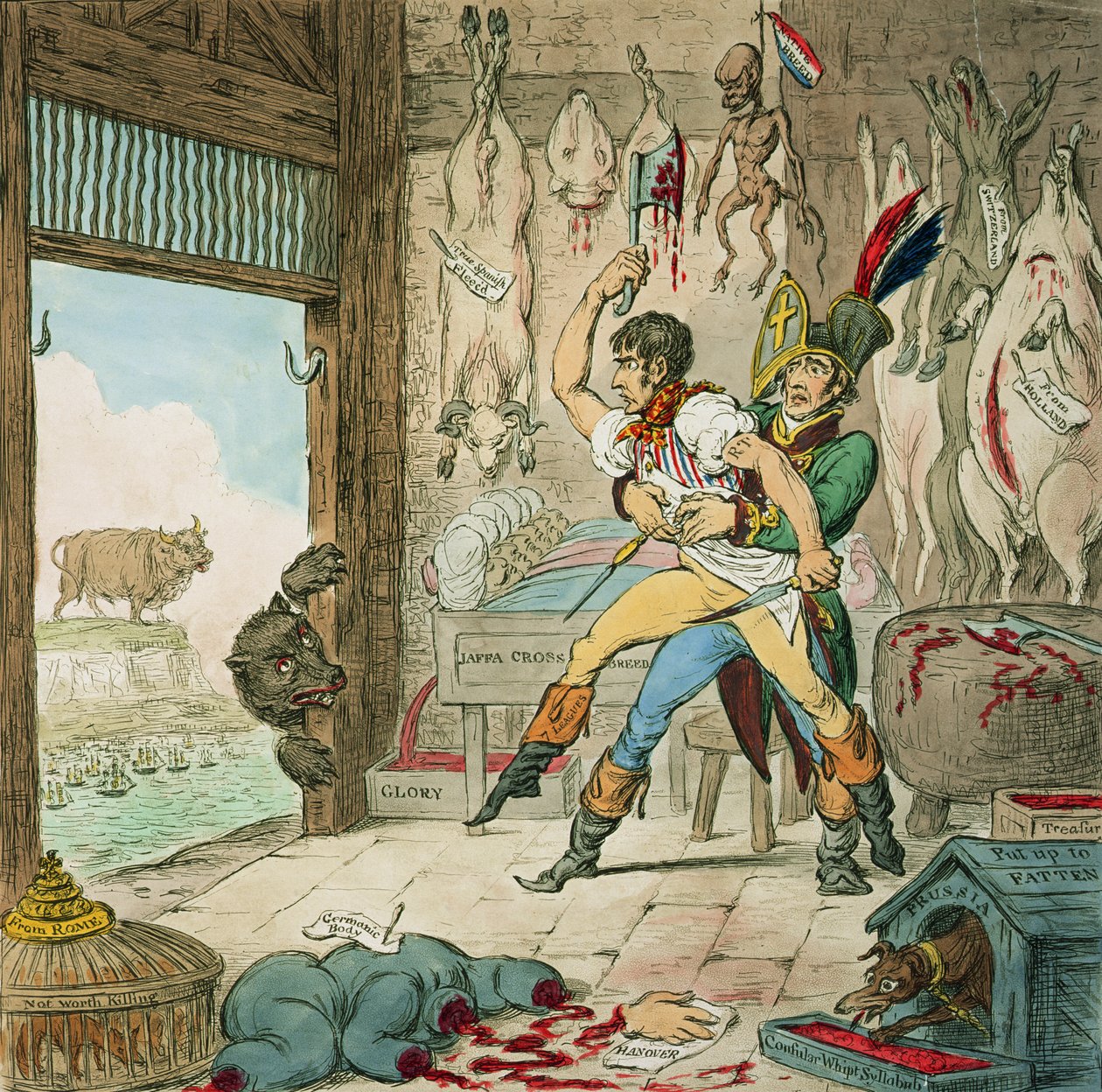 Boney y Talley, El cadáver corso - Día de la cuenta del carnicero, publicado por Hannah Humphrey, 1803 de James Gillray