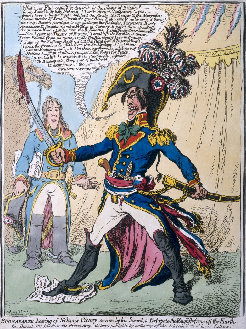 Buonaparte al escuchar la victoria de Nelson jura por su espada extirpar a los ingleses de la tierra, publicado por Hannah Humphrey en 1798 de James Gillray