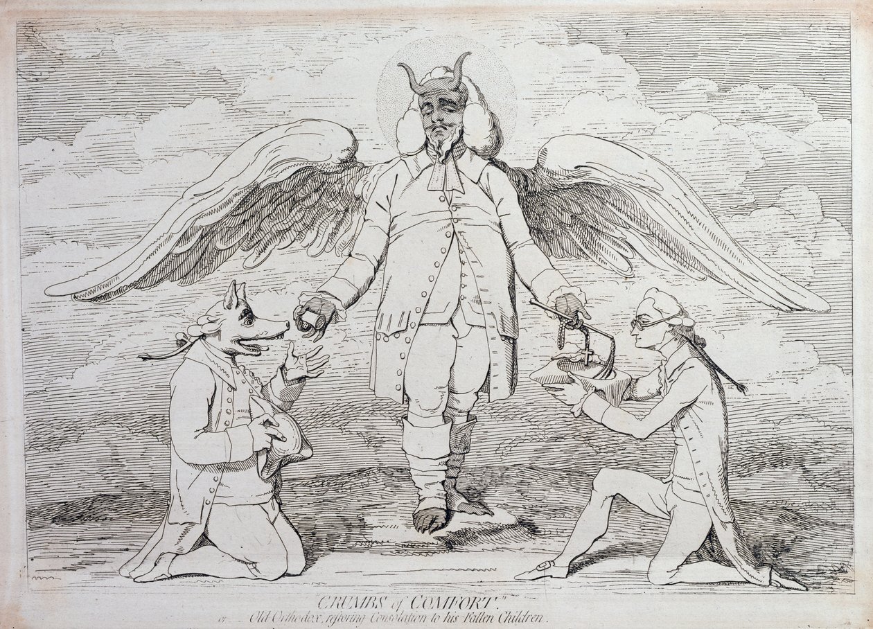 Migas de consuelo, o el viejo ortodoxo restaurando consuelo a sus hijos caídos, publicado por G. Humphrey en 1782 de James Gillray