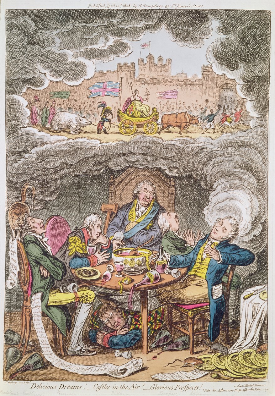 ¡Sueños Deliciosos! ¡Castillos en el Aire! ¡Perspectivas Gloriosas! vide Una Siesta por la Tarde después de la Fatiga de una Cena Oficial, caricatura que representa a Lord Portland y sus ministros, 1808 de James Gillray
