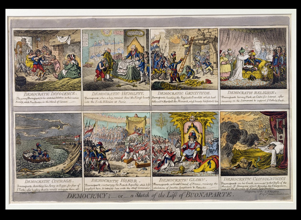 Democracia, o un boceto de la vida de Buonaparte, publicado por Hannah Humphrey en 1800 de James Gillray