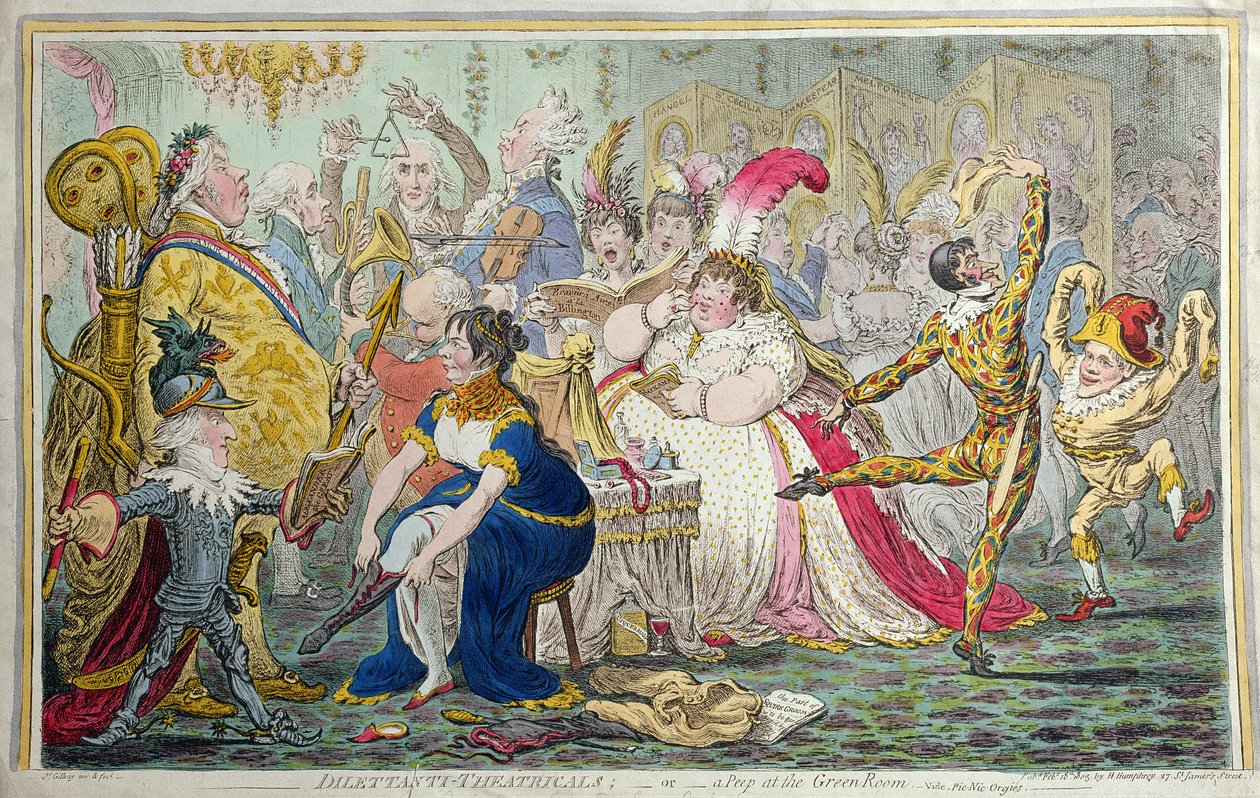Teatrales Dilettanti, o Una Mirada al Camerino, publicado por Hannah Humphrey en 1803 de James Gillray