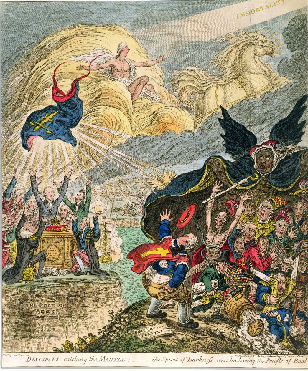 Discípulos capturando el manto: el espíritu de la oscuridad ensombreciendo a los sacerdotes de Baal, publicado por Hannah Humphrey en 1808 de James Gillray