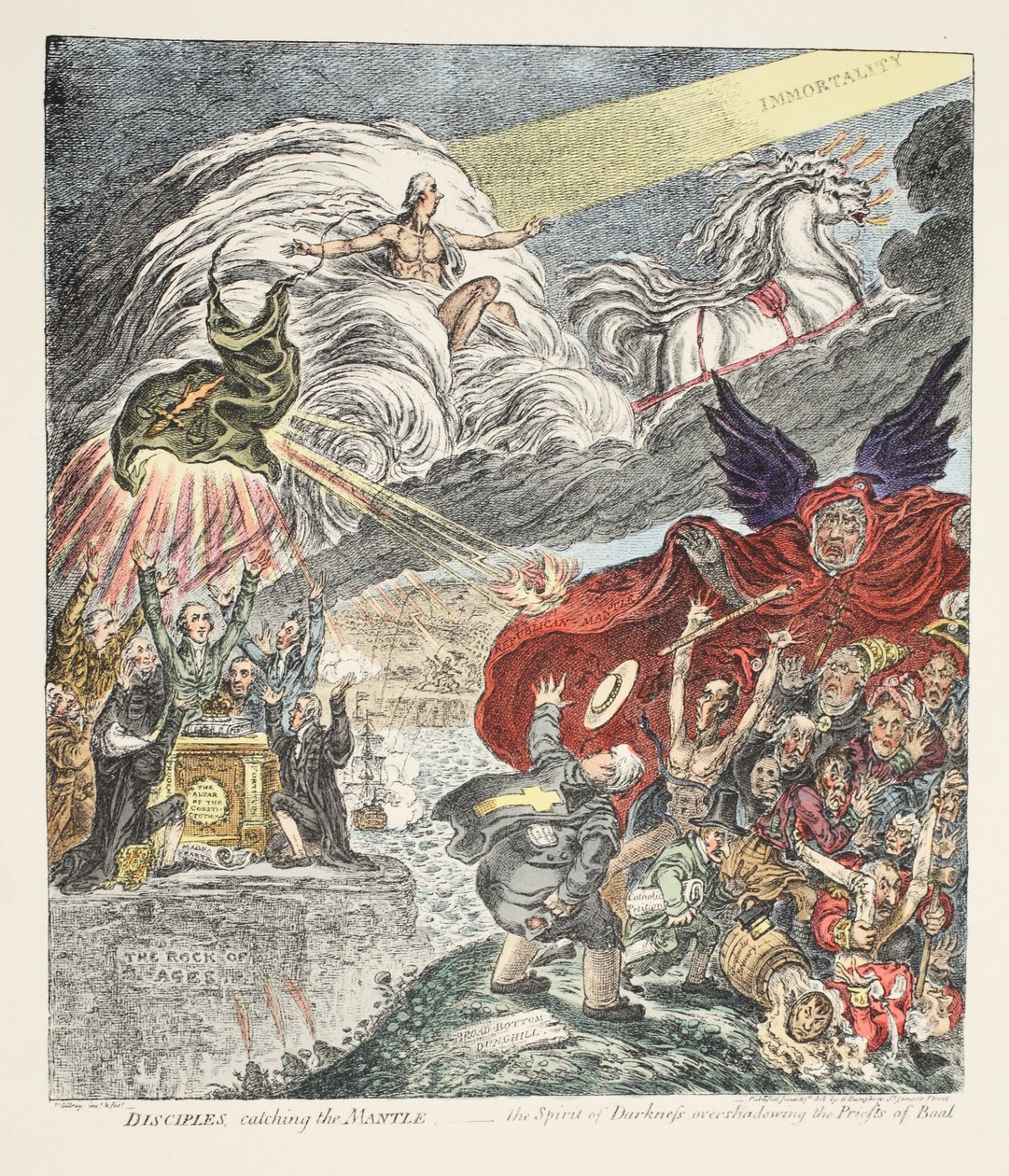 Discípulos atrapando el manto - el Espíritu de la Oscuridad ensombreciendo a los Sacerdotes de Baal, pub. 1808 de James Gillray