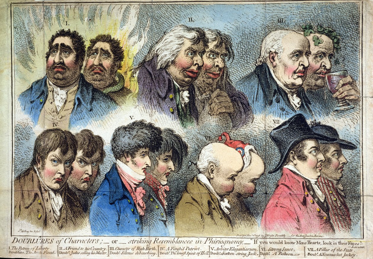 Dobles de personajes, o sorprendentes semejanzas en la fisonomía, publicado por J. Wright en 1798 de James Gillray