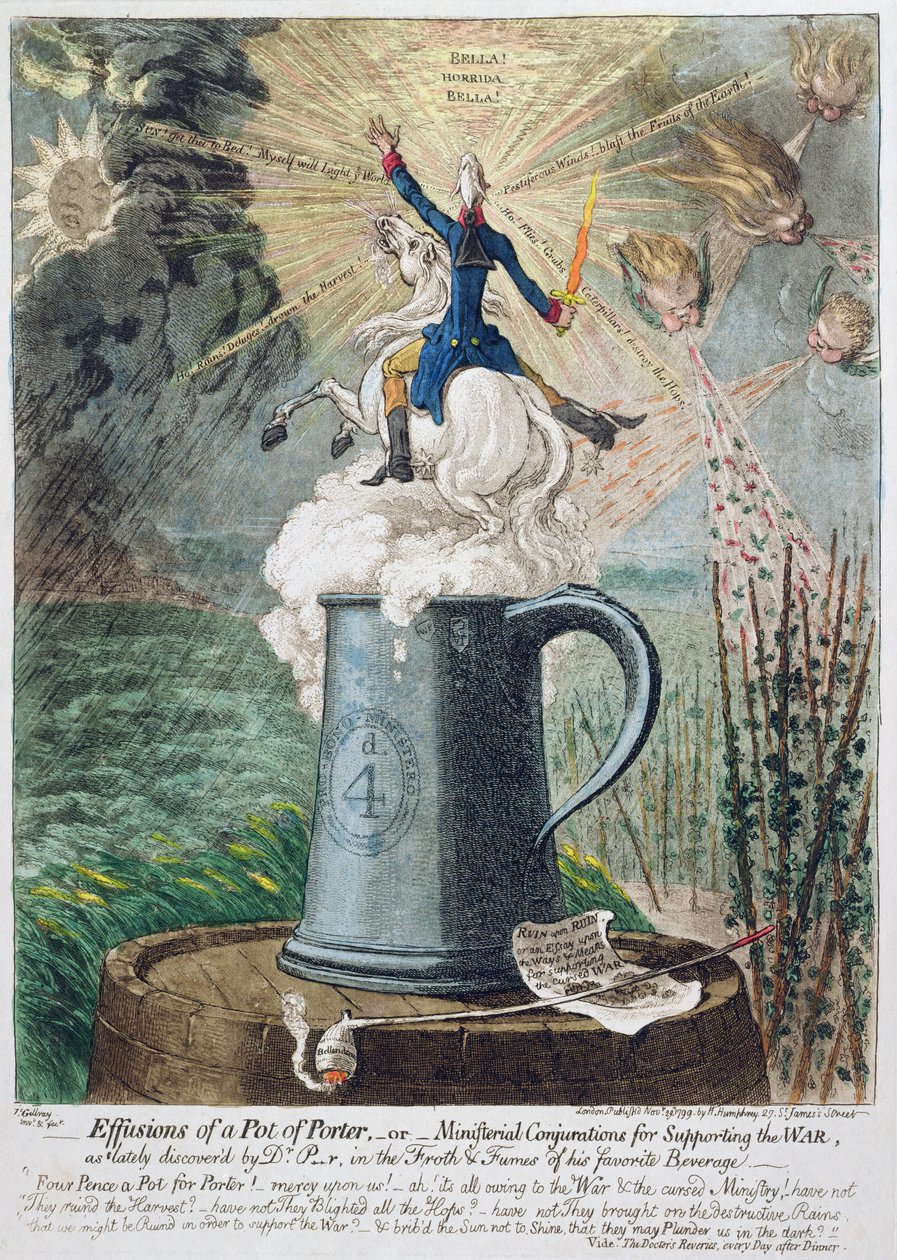 Efusiones de una jarra de cerveza, o conjuraciones ministeriales para apoyar la guerra, publicado por Hannah Humphrey en 1799 de James Gillray