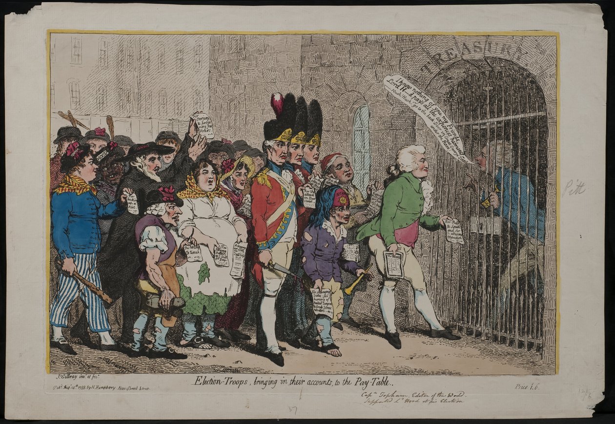 Tropas electorales presentando sus cuentas en la mesa de pagos, 1788 de James Gillray