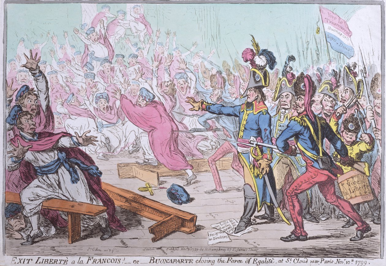 ¡Salida Liberté a la François! o Buonaparte cerrando la farsa de Egalité en St. Cloud cerca de París, publicado por Hannah Humphrey en 1799 de James Gillray