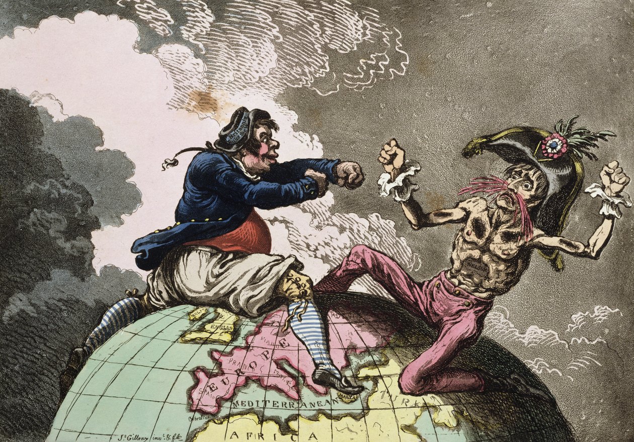 Luchando por el estercolero, o Jack Tar resolviendo a Buonaparte, publicado por Hannah Humphrey en 1798 de James Gillray