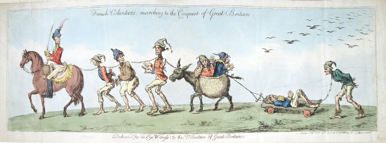 Voluntarios franceses, marchando hacia la conquista de Gran Bretaña, publicado por Hannah Humphrey en 1799 de James Gillray