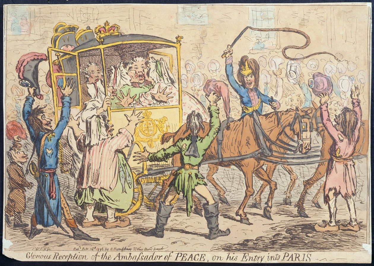 Recepción gloriosa del Embajador de la Paz a su entrada en París, publicado por Hannah Humphrey en 1796 de James Gillray