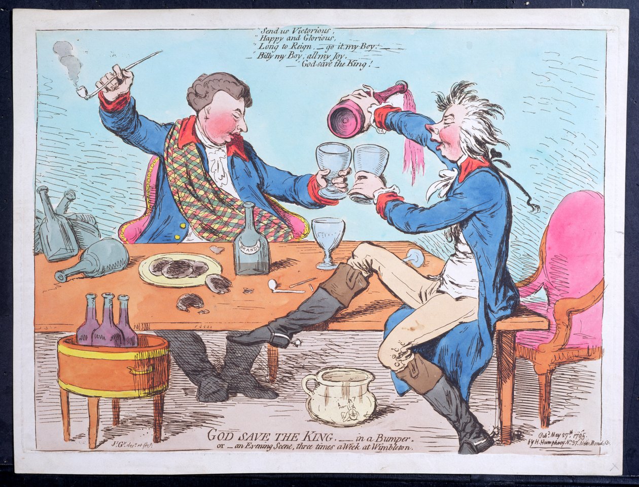 Dios salve al rey- en un brindis, o una escena vespertina tres veces a la semana en Wimbleton, publicada por Hannah Humphrey en 1795 de James Gillray