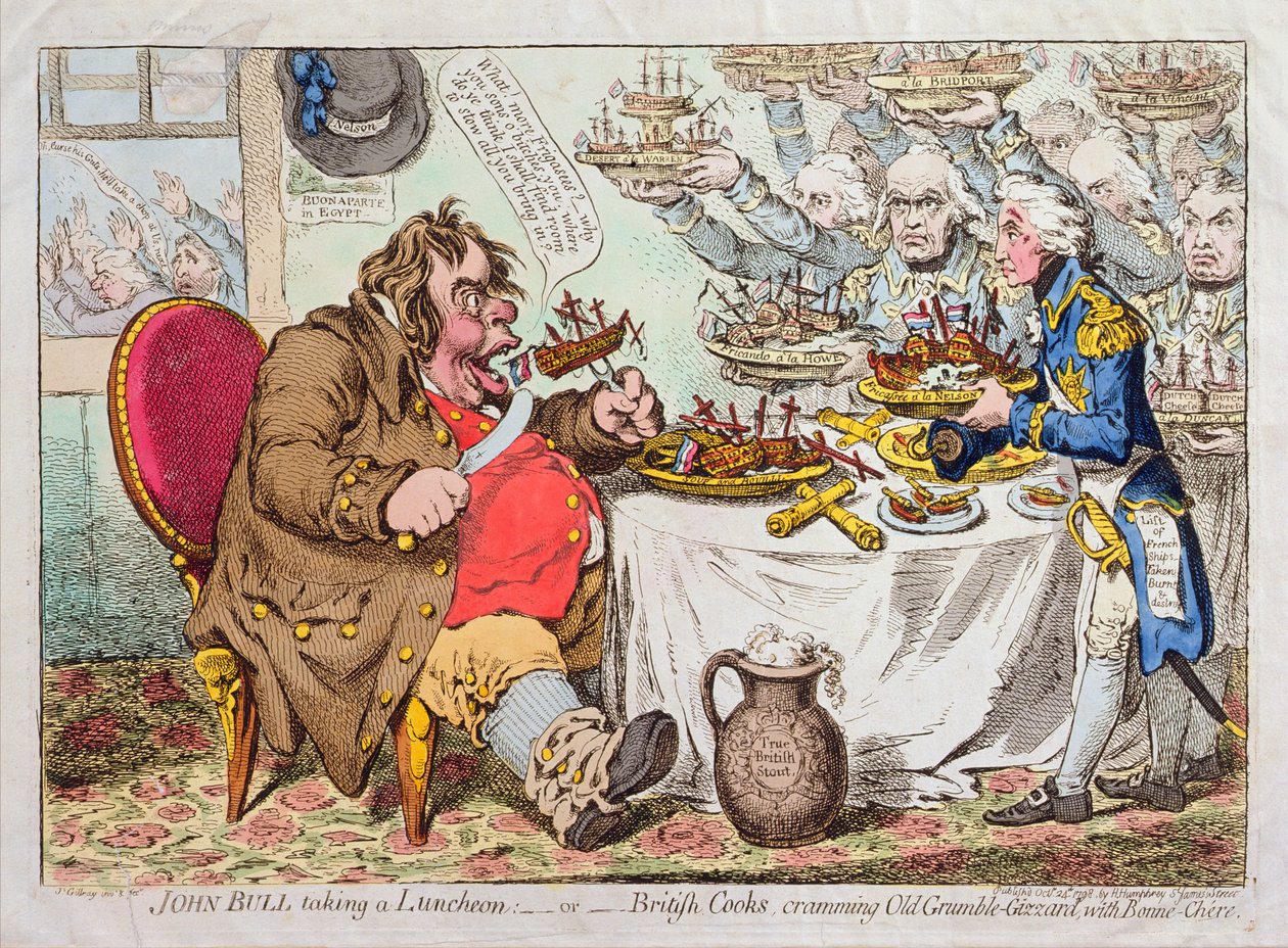 John Bull almorzando, o cocineros británicos, atiborrando a Old Grumble-Gizzard con Bonne-Chere, publicado por Hannah Humphrey en 1798 de James Gillray