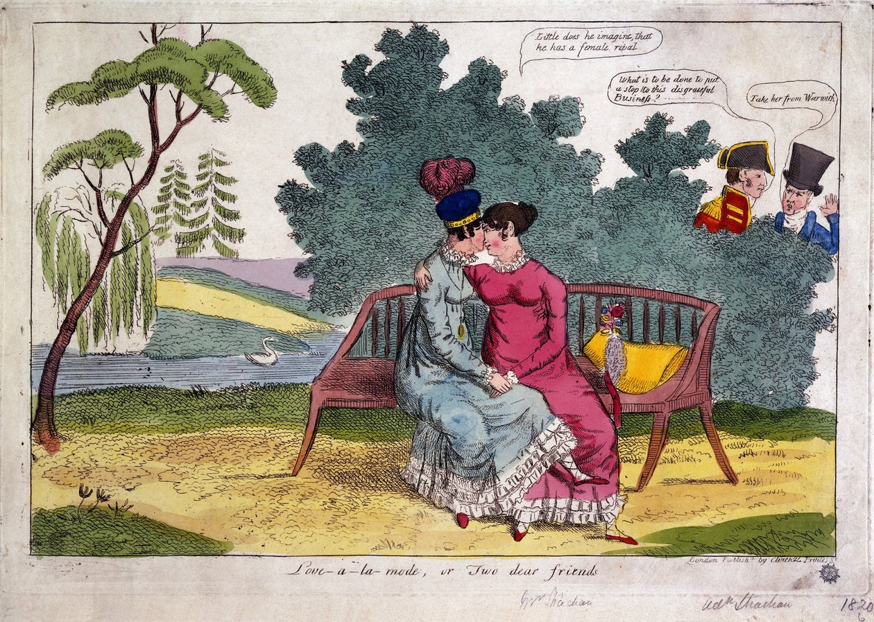 Lady Strachan y Lady Warwick haciendo el amor en un parque, mientras sus maridos miran con desaprobación de James Gillray