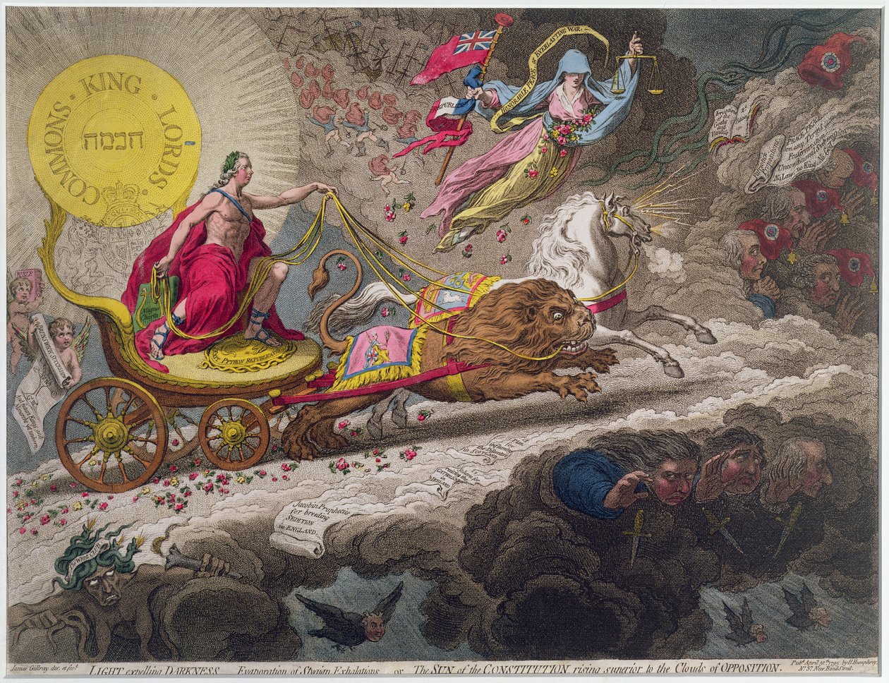La luz expulsando la oscuridad - Evaporación de exhalaciones estigias, o El sol de la Constitución superando las nubes de la oposición, publicado por Hannah Humphrey en 1795 de James Gillray