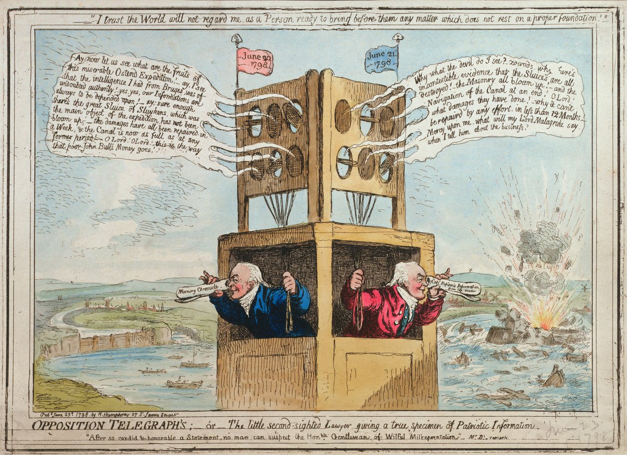 El telégrafo de la oposición, o el pequeño abogado clarividente dando un verdadero ejemplo de información patriótica, publicado por Hannah Humphrey en 1798 de James Gillray
