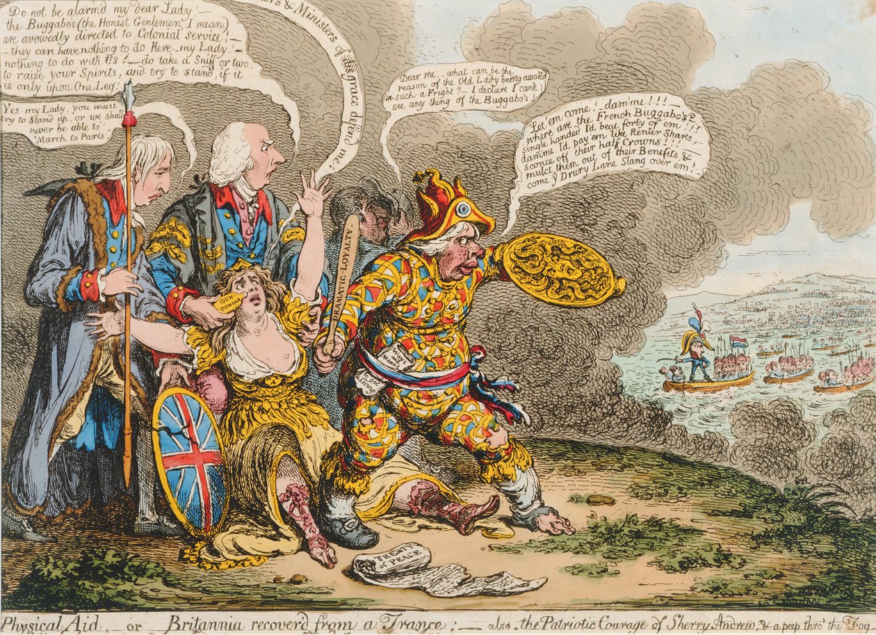 Ayuda física, o Britannia recuperada de un trance: también, El coraje patriótico de Sherry Andrews y una mirada al fog, publicado por Hannah Humphrey en 1803 de James Gillray