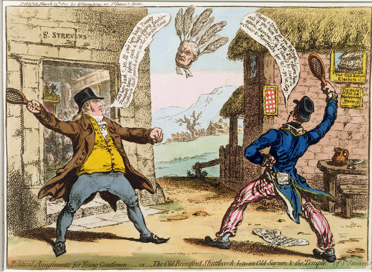 Diversiones Políticas para Jóvenes Caballeros, o El Viejo Volante de Brentford, entre Old Sarum y el Templo de St. Steevens, publicado por Hannah Humphrey en 1801 de James Gillray