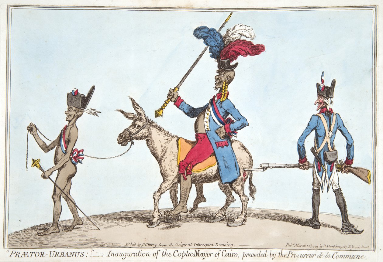 Praetor Urbanus - Inauguración del alcalde copto de El Cairo, precedido por el Procurador de la Comuna, publicado por Hannah Humphrey en 1799 de James Gillray