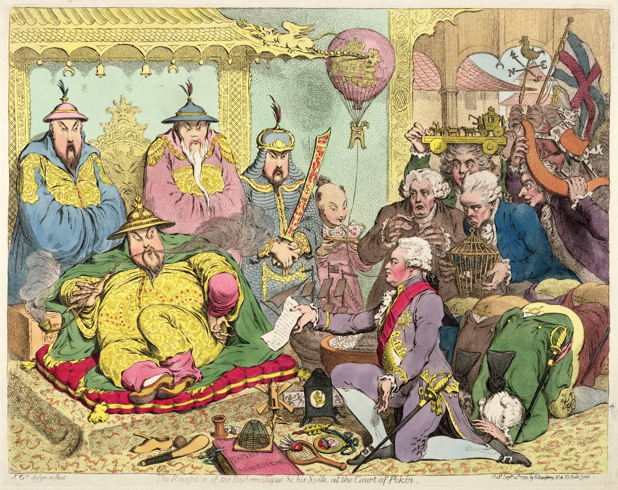 Recepción del diplomático y su séquito en la corte de Pekín, c.1793 (grabado en color) de James Gillray