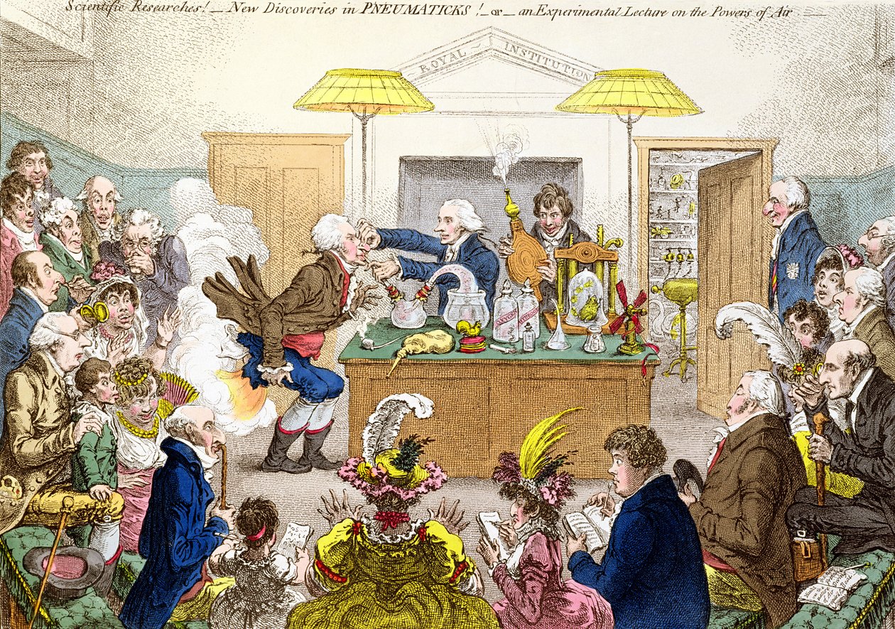 Investigaciones científicas! Nuevos descubrimientos en PNEUMÁTICA! o Una conferencia experimental sobre los poderes del aire, caricatura de una conferencia en la Real Institución demostrando los efectos del gas hilarante de James Gillray