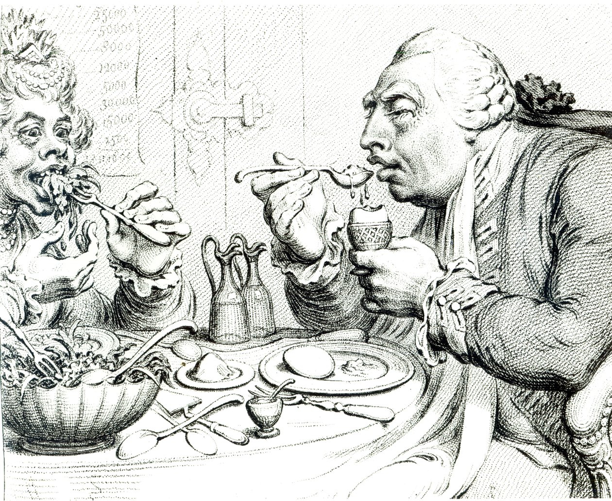 La Templanza Disfrutando de una Comida Frugal, caricatura de Jorge III y la Reina Carlota de James Gillray