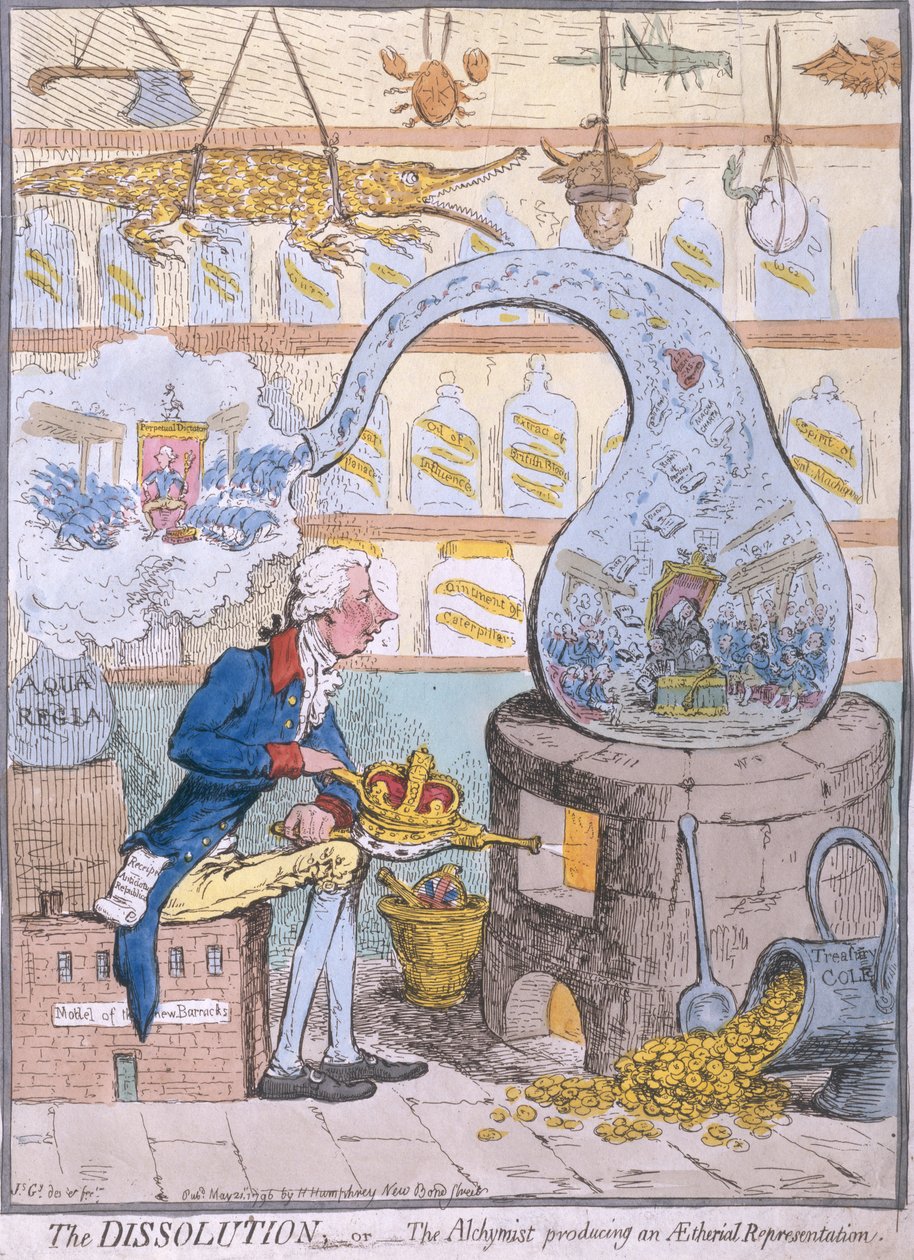 La disolución, o el alquimista produciendo una representación etérea, publicada por Hannah Humphrey en 1796 de James Gillray